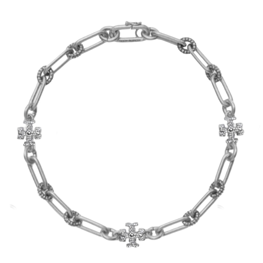 🆕 TORY BURCH • Silver Roxanne Chain Crystal Logo Necklace Includes Jewelry Bag